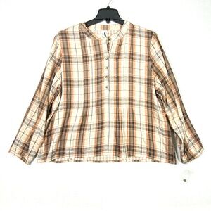 Grace + Karma Plaid Blouse Women XL Brown Tan Long Sleeve 1/2 Button Popover NWT